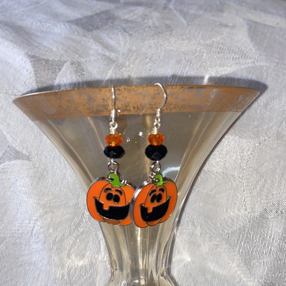 Handcrafted Orange Jack-o-Lantern Charm Earrings - Picture 2 of 4